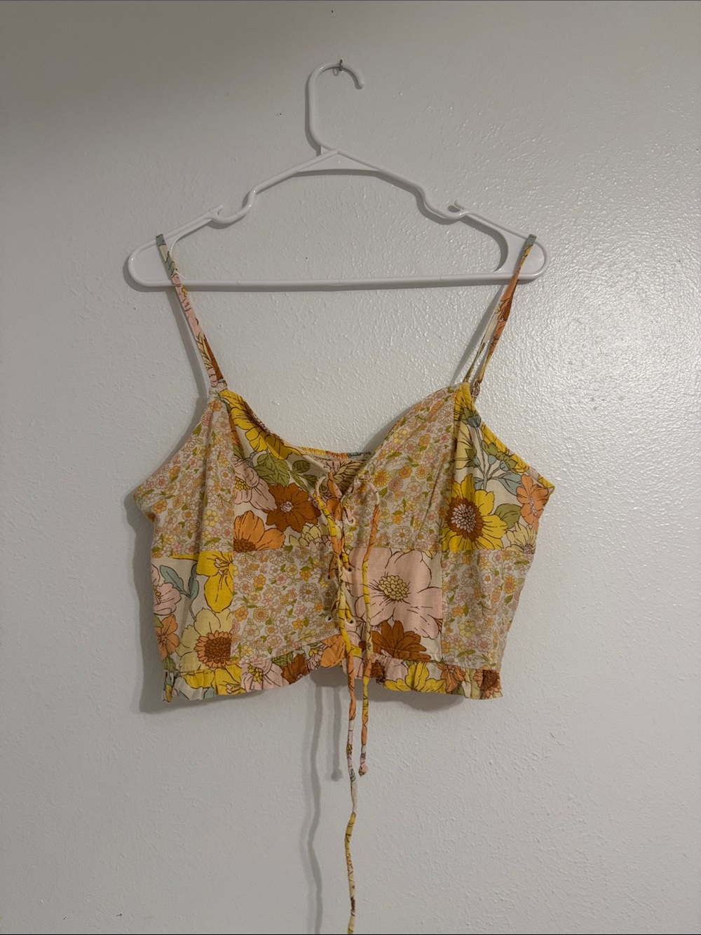 American Eagle Outfitters Yellow and Peach Floral Tie-Front Crop Cami